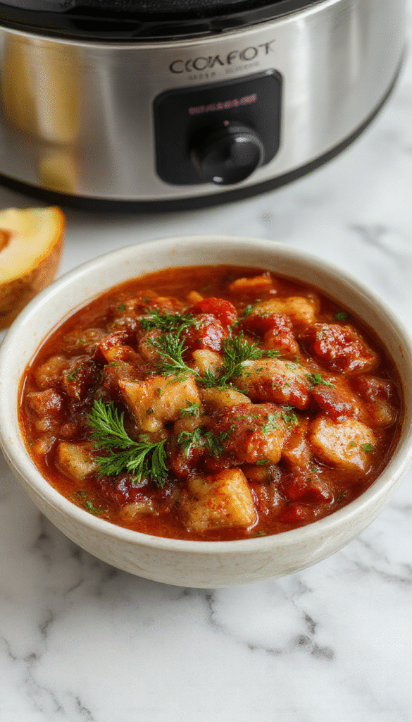 A bowl of rich, savory American Goulash with tender ground beef, colorful diced tomatoes, and pasta, garnished with fresh herbs, served on a rustic plate with a spoon and vibrant background.