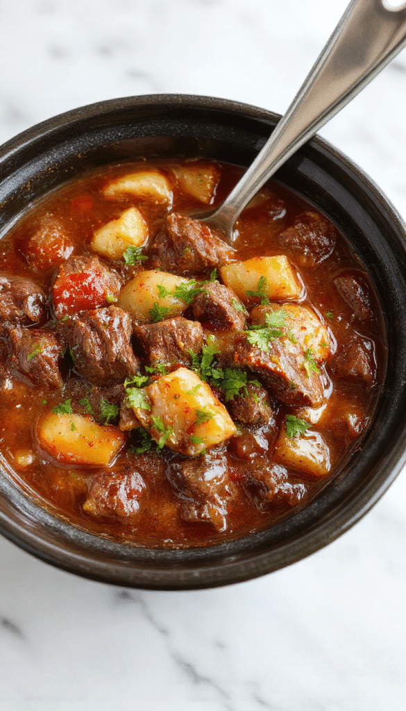 A steaming bowl of hearty beef stew featuring tender chunks of beef, carrots, potatoes, and celery in a rich, savory broth, garnished with fresh herbs, presented on a rustic wooden table with warm lighting.