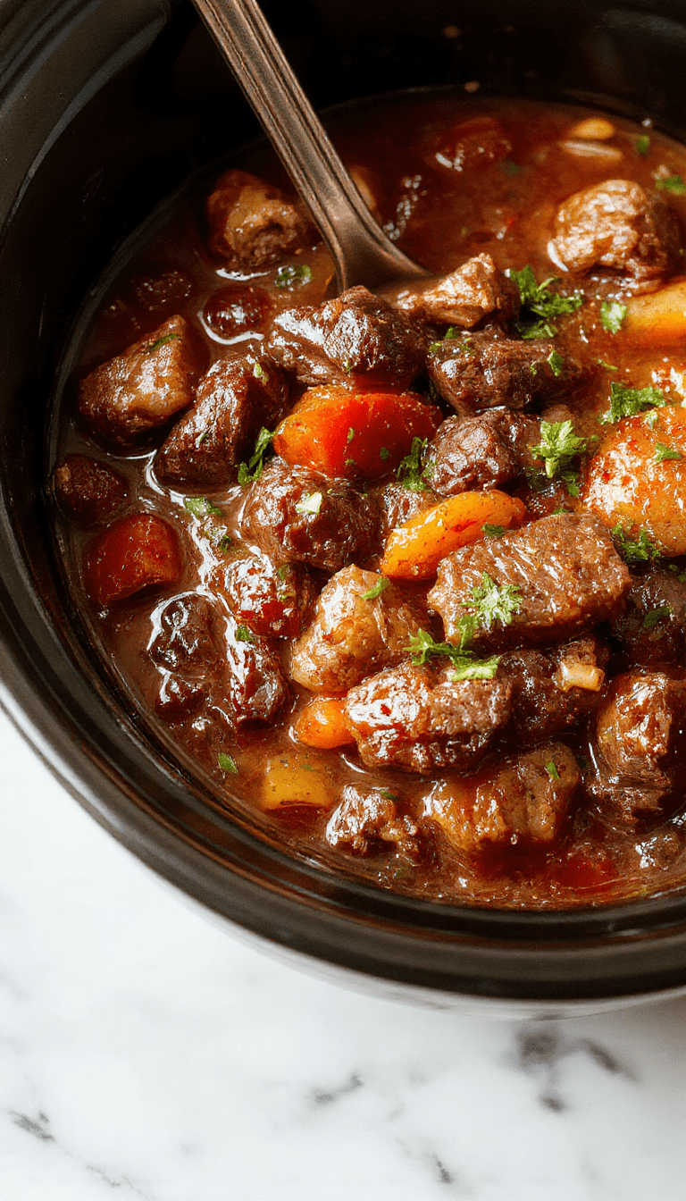 A rustic bowl of hearty beef stew with tender chunks of beef, carrots, potatoes, and peas in a rich brown gravy, steam rising, served on a wooden table with fresh herbs and crusty bread garnished with parsley.