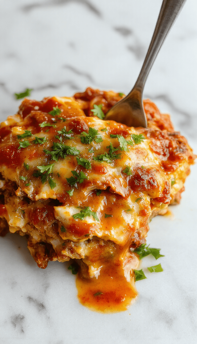 A colorful casserole dish filled with layers of shredded chicken, melted cheese, vibrant red enchilada sauce, garnished with chopped cilantro and sliced jalapenos on top, served on a rustic wooden table with a side of fresh lime wedges.