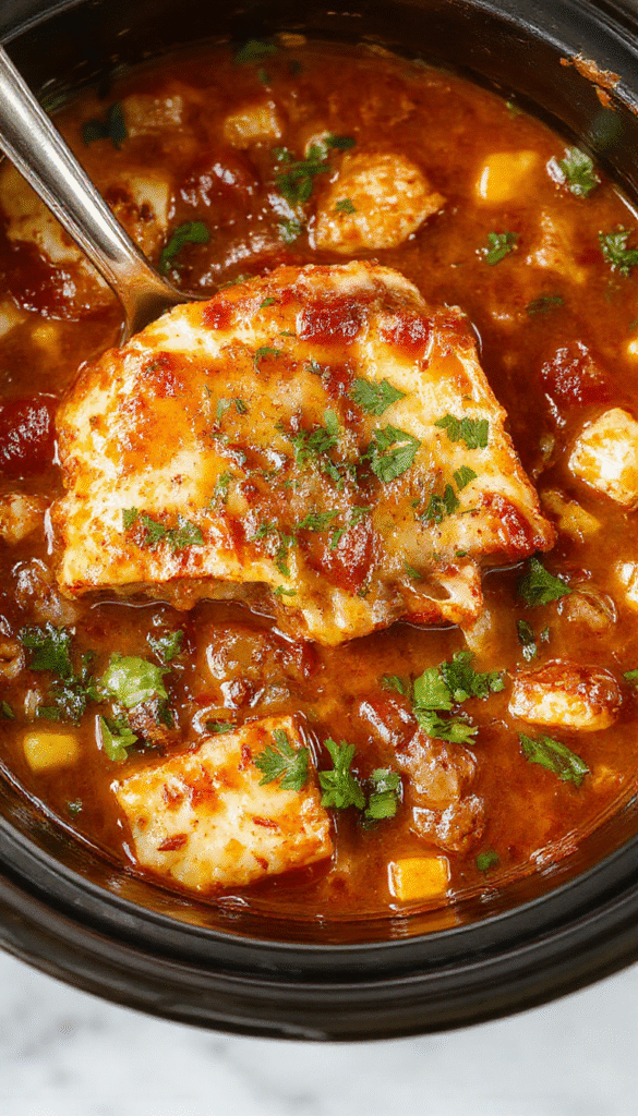 A vibrant bowl of crockpot lasagna soup garnished with melted cheese, fresh basil, and pepper, served on a rustic wooden table with a spoon and background of cooked pasta and tomatoes.