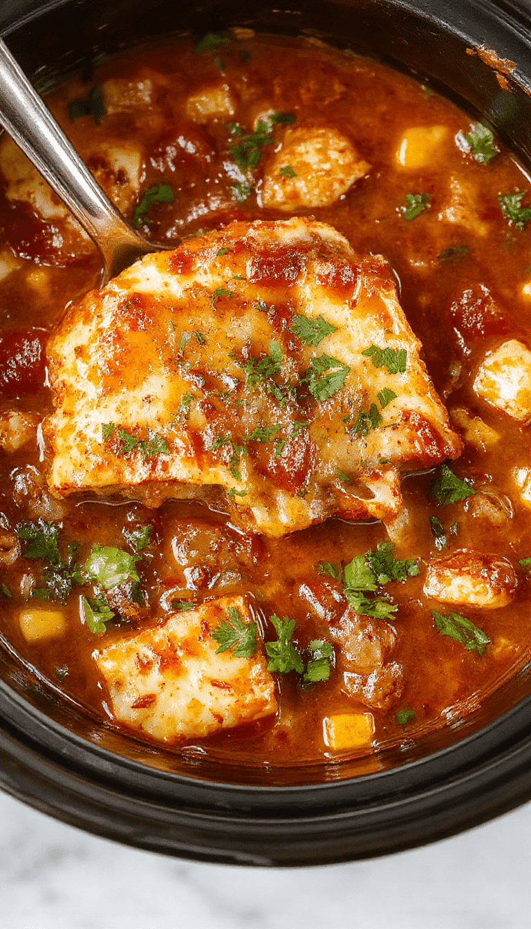 A vibrant bowl of crockpot lasagna soup garnished with melted cheese, fresh basil, and pepper, served on a rustic wooden table with a spoon and background of cooked pasta and tomatoes.