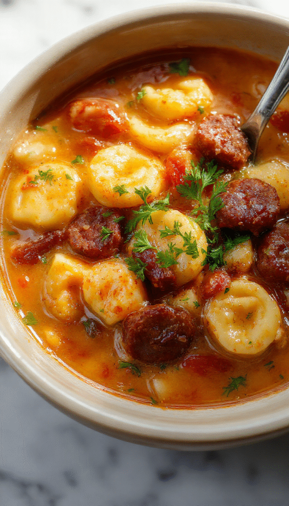 A close-up of a steaming bowl of hearty tortellini soup with sausage, topped with fresh basil and grated cheese, served in a rustic white bowl on a wooden table with a spoon beside it