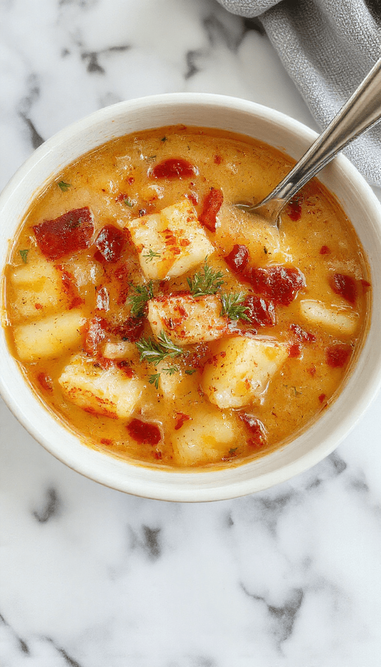 A steaming bowl of Polish potato soup with a creamy, golden-brown surface, topped with chopped fresh herbs and served in a rustic white bowl on a wooden table, with crusty bread and a sprinkle of black pepper in the background, highlighting rich textures and warm inviting colors.