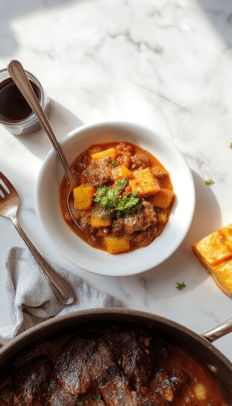 A vibrant plate of pumpkin beef bolognese featuring rich, deep orange pumpkin sauce mixed with tender ground beef, served over al dente pasta, garnished with fresh herbs and grated cheese, creating a warm and inviting presentation with a rustic wooden table background.