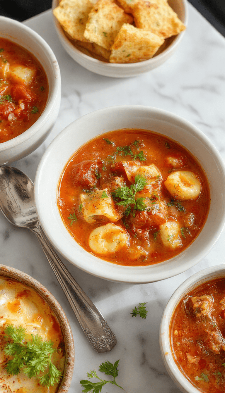 A vibrant bowl of tomato tortellini soup showcasing colorful tortellini pasta nestled in a rich, red tomato broth. The soup is garnished with fresh basil leaves and grated Parmesan cheese, with a rustic spoon resting on a light wooden table. The backdrop features a warm, inviting kitchen setting with a steaming bowl highlighting the textures and freshness of the ingredients.