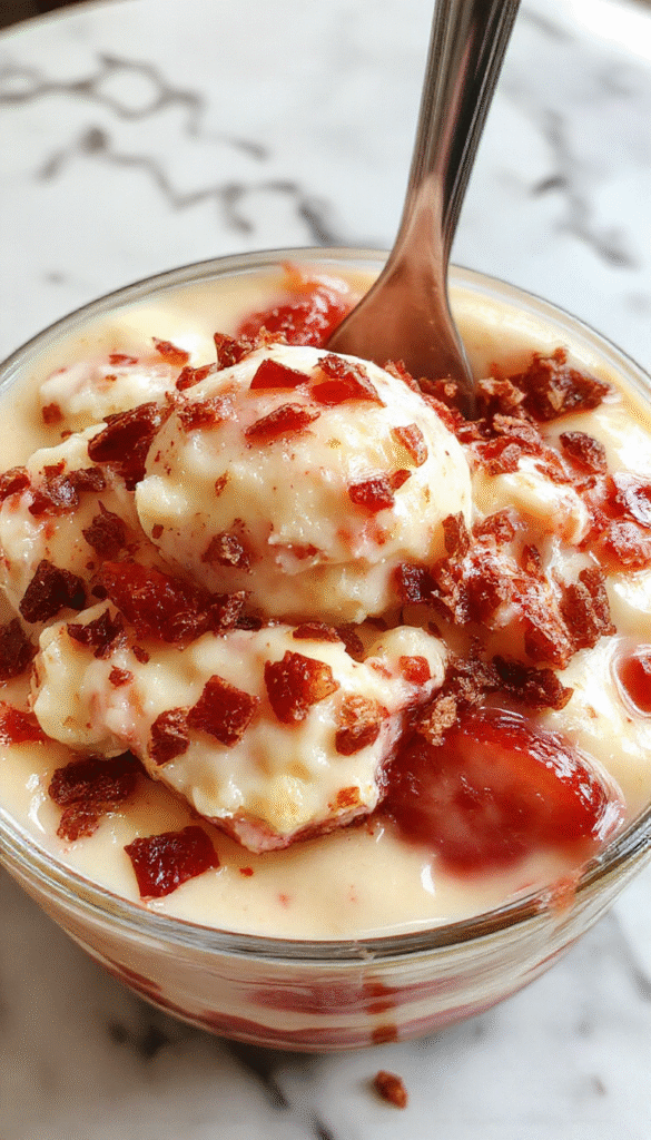 A vibrant and colorful trifle served in a clear glass bowl showing multiple layers of cream, fresh berries, sponge cake, and chocolate shavings, topped with whipped cream and mint leaves, with a soft-focus background of a cozy kitchen setting.