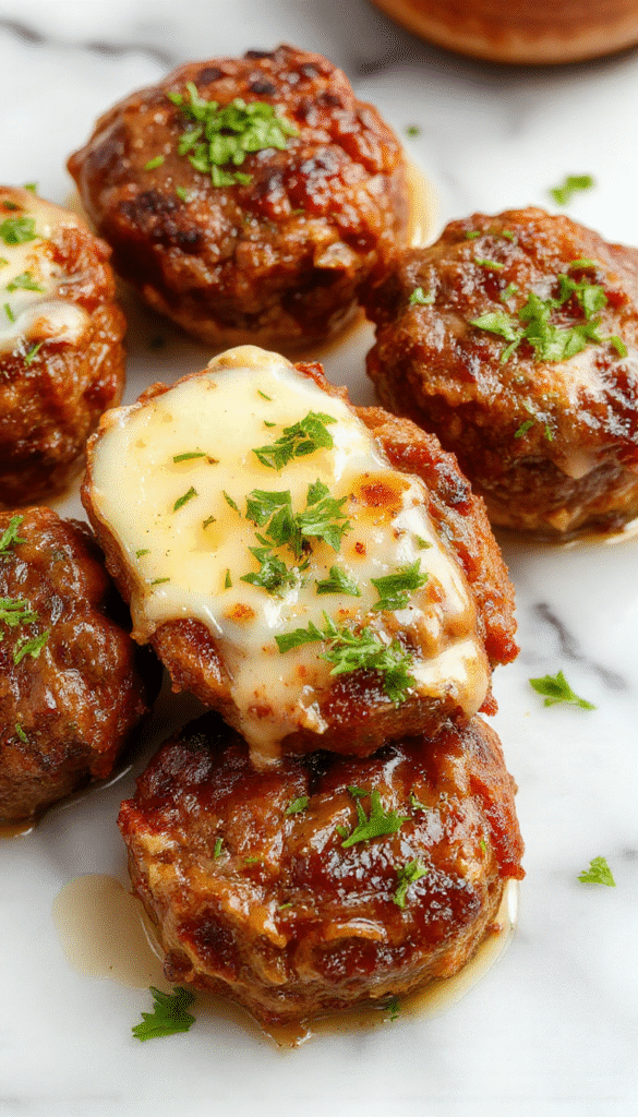 Close-up of succulent beef bites coated in golden garlic butter sauce, served on a rustic plate garnished with fresh herbs, showcasing a glossy, tender texture with visible garlic pieces and a rich, savory appearance.