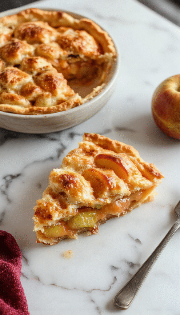 A golden-brown homemade apple pie with a flaky crust, filled with tender sliced apples and cinnamon, garnished with a light sugar glaze, presented on a rustic wooden table with fresh apple slices and a dusting of powdered sugar.