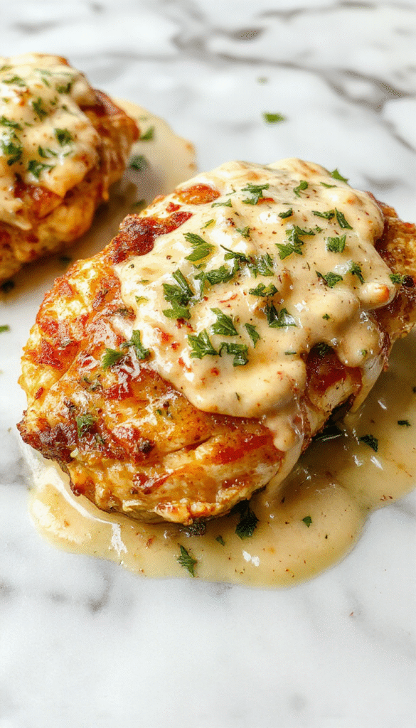 A beautifully plated Irish chicken dish featuring tender chicken breast smothered in a rich, creamy whiskey sauce. The dish is garnished with fresh herbs, served on a rustic white plate with a side of colorful vegetables. The vibrant sauce glistens, highlighting its smooth texture and golden hue, with a background of a cozy Irish-themed table setting with warm lighting.