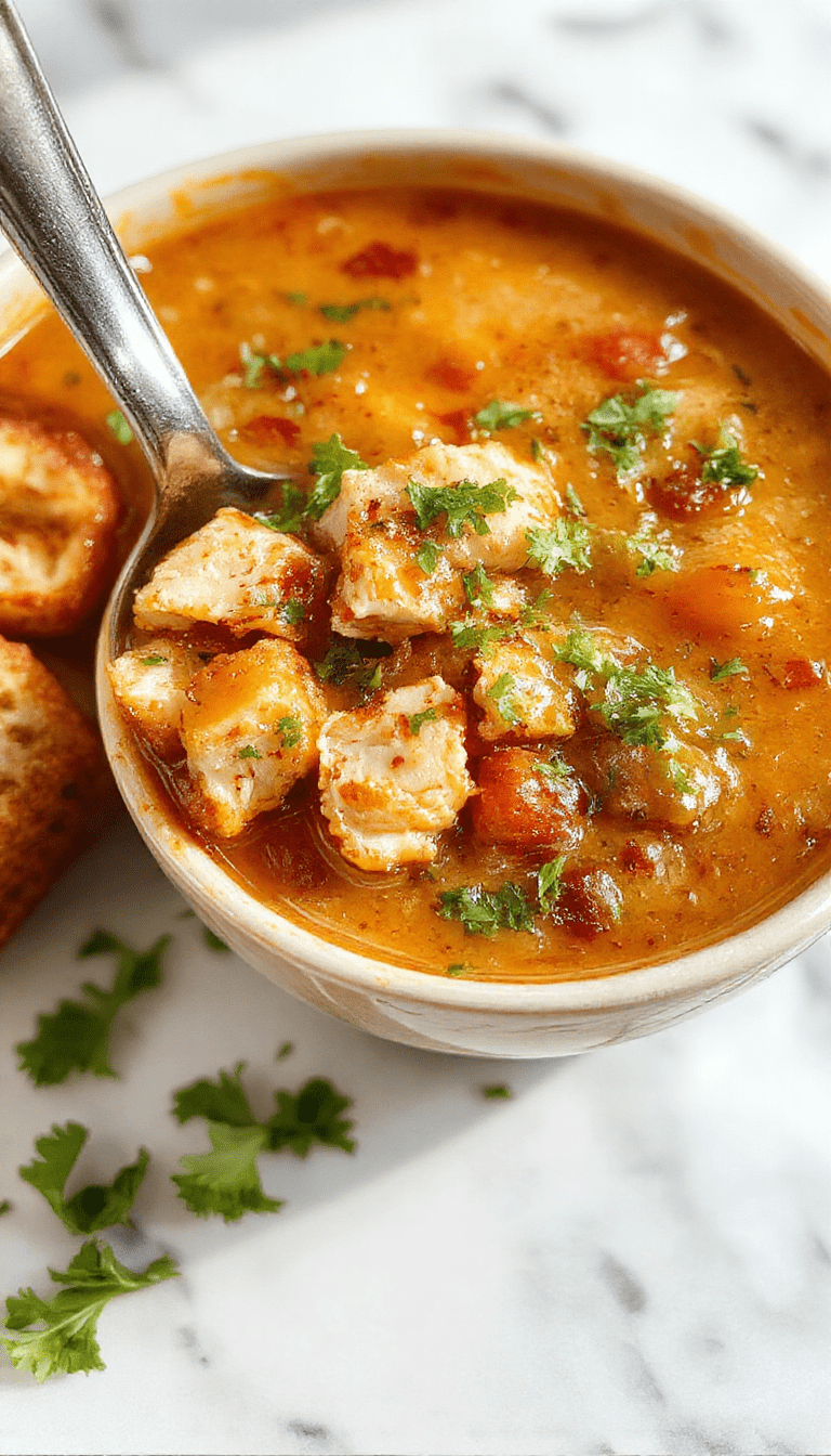 A vibrant bowl of low carb chicken tortilla soup featuring shredded chicken, diced avocados, cherry tomatoes, and melted cheese atop a rich, savory broth garnished with cilantro and lime wedges. The bright colors and fresh ingredients create an inviting and hearty presentation with a rustic wooden background and a spoon resting beside the bowl.
