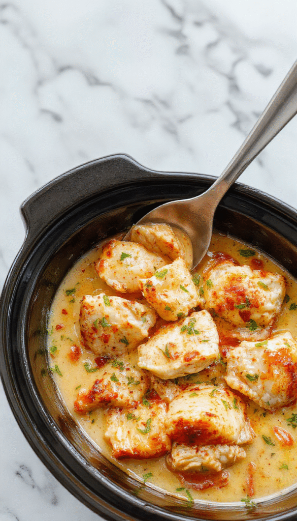 A close-up of a creamy, golden-brown Chicken Marry Me dish in a white ceramic casserole dish, garnished with fresh herbs, placed on a rustic wooden table with a sprig of thyme and a spoon with sauce highlighting the rich, velvety texture of the dish.