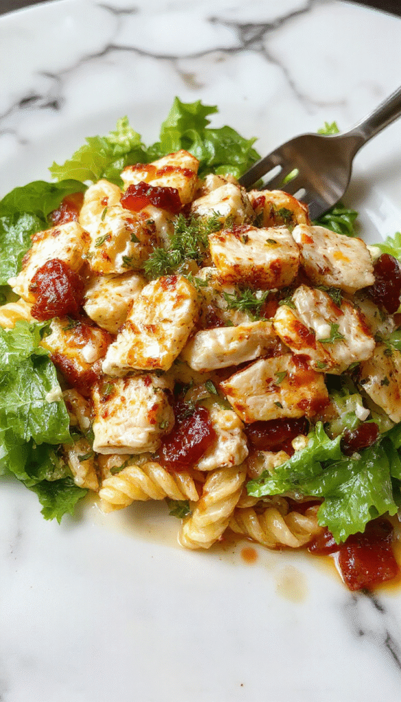 Colorful Mediterranean chicken pasta salad on a white plate featuring cooked fusilli pasta, grilled chicken slices, cherry tomatoes, kalamata olives, feta cheese, and fresh parsley, drizzled with olive oil and herbs. The vibrant ingredients are presented beautifully with a fresh and inviting look, highlighting the textures of juicy tomatoes, tender chicken, and creamy feta.