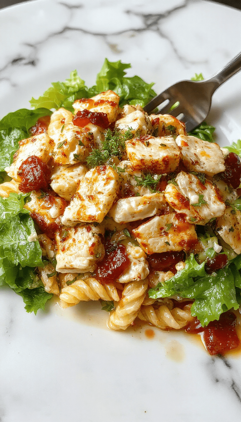 Colorful Mediterranean chicken pasta salad on a white plate featuring cooked fusilli pasta, grilled chicken slices, cherry tomatoes, kalamata olives, feta cheese, and fresh parsley, drizzled with olive oil and herbs. The vibrant ingredients are presented beautifully with a fresh and inviting look, highlighting the textures of juicy tomatoes, tender chicken, and creamy feta.