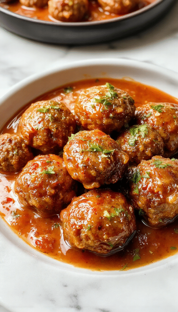 A close-up of juicy Italian meatballs glazed with savory tomato sauce, garnished with fresh basil on a rustic wooden platter, with melted cheese topping.
