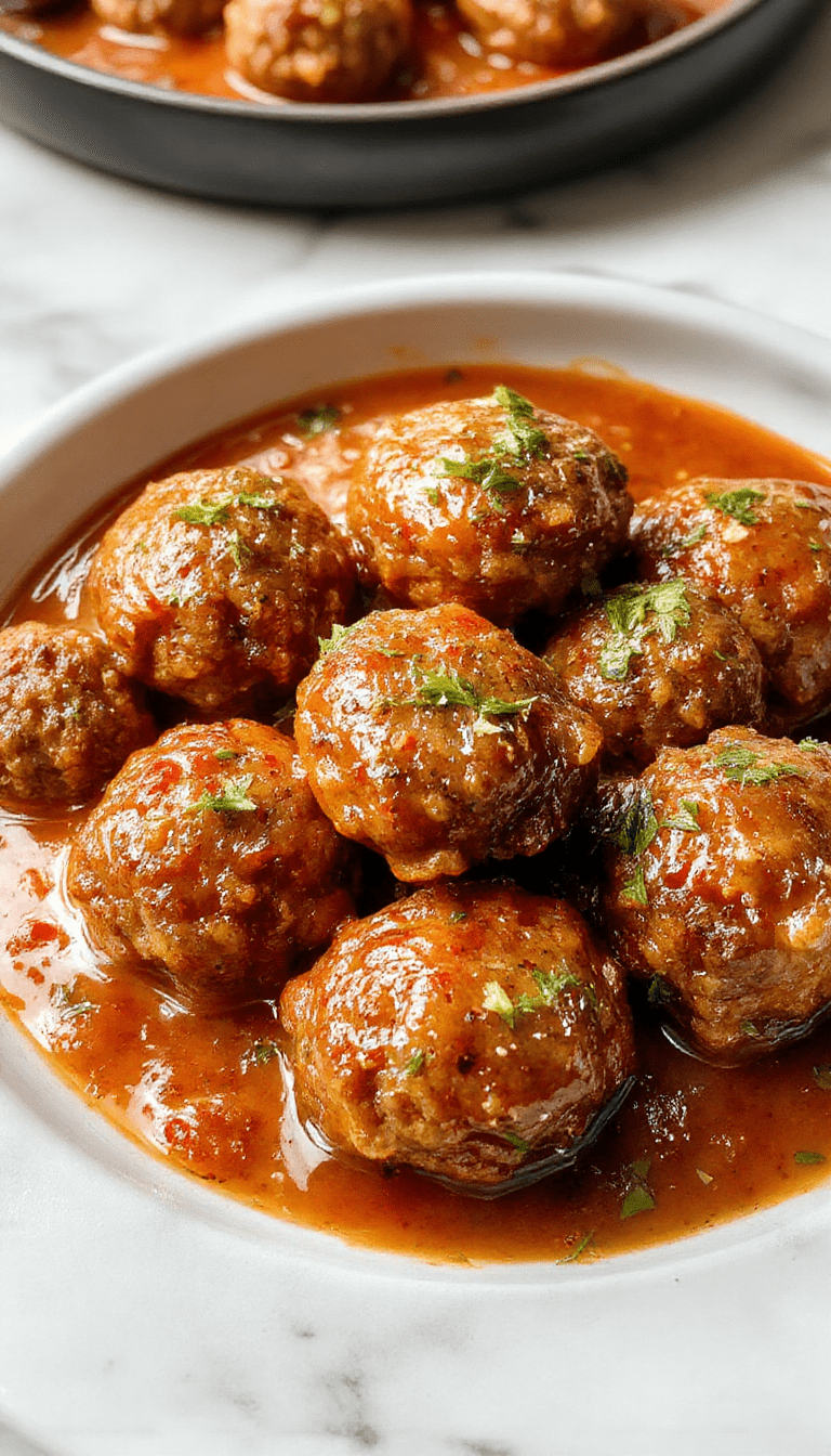 A close-up of juicy Italian meatballs glazed with savory tomato sauce, garnished with fresh basil on a rustic wooden platter, with melted cheese topping.