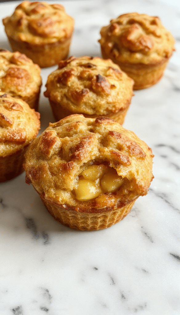 Colorful mini apple pies baked in muffin tins with golden, flaky crusts and juicy apple filling. The muffins are topped with cinnamon sugar and arranged in a baking tray on a rustic wooden surface, highlighting their warm tones and inviting texture.