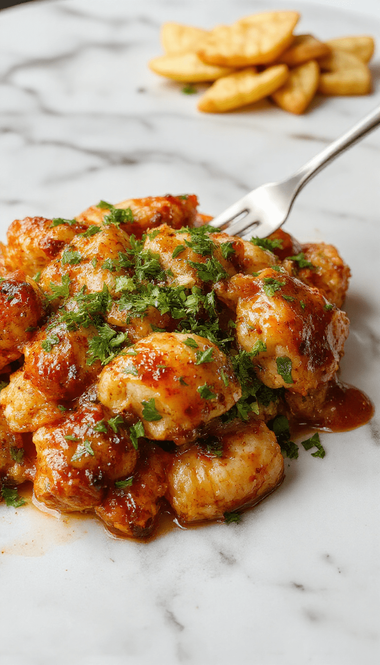 Colorful savory chicken dish served in a rustic cast iron skillet, topped with melted cheese, garnished with fresh herbs. Vibrant red and green bell peppers, golden crispy edges, and a sprinkle of herbs create an inviting and hearty presentation, perfect for a competitive sports viewing party.