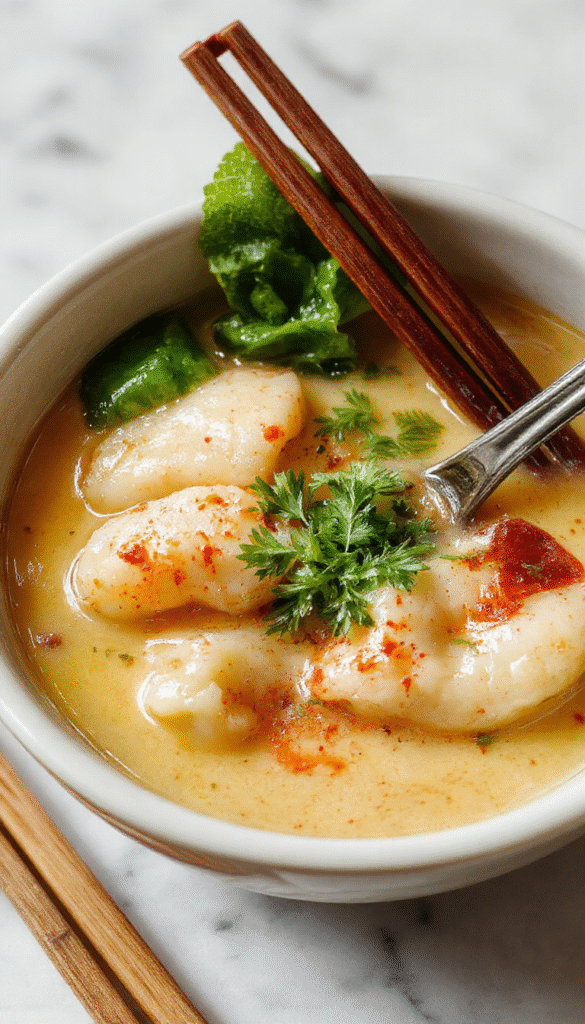 A vibrant bowl of wonton soup featuring delicate wontons filled with minced pork, floating in a clear, steaming broth garnished with chopped scallions and a sprinkle of sesame seeds. The bowl is placed on a rustic wooden table with a spoon resting beside it, showcasing the inviting colors and textures of the soup.