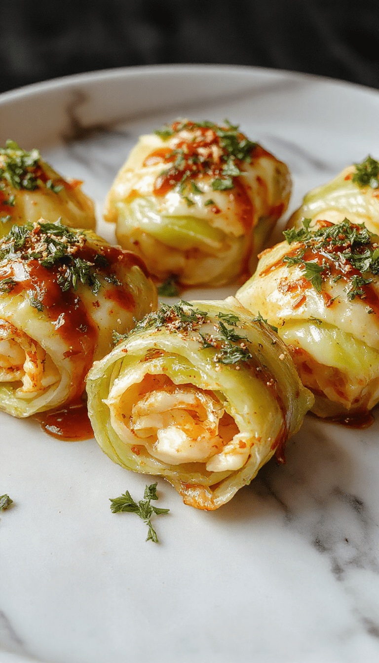 Vibrant scene of a neatly arranged platter of cabbage rolls with golden-brown edges, garnished with fresh herbs on a rustic wooden table, showcasing the crispy cabbage layers and flavorful filling inside.