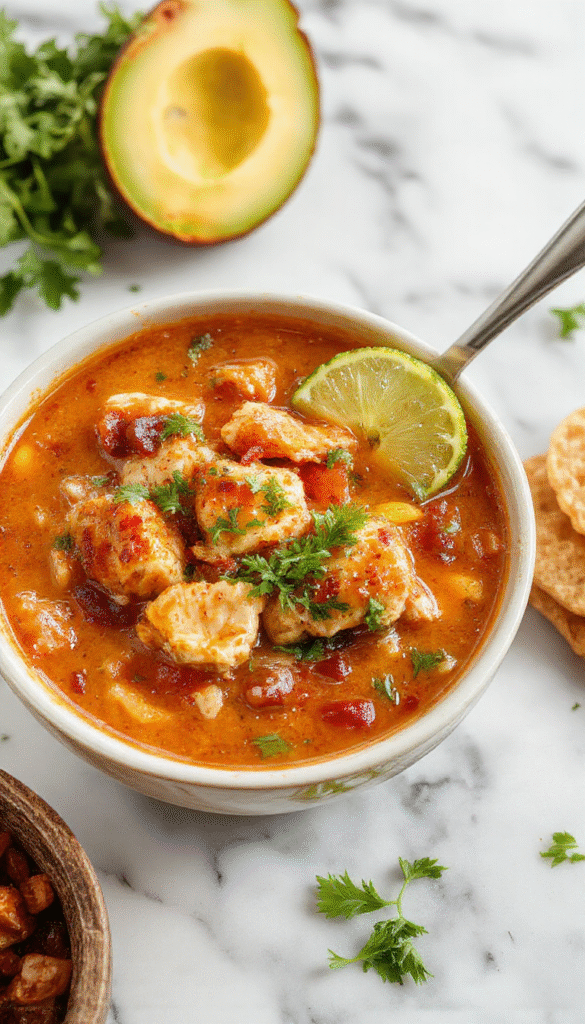 A vibrant bowl of chicken taco soup topped with shredded cheese, chopped cilantro, and sliced jalapenos. The soup has a rich, reddish-brown broth with tender chicken pieces, black beans, corn, and diced tomatoes, garnished with lime wedges and fresh herbs, styled in a rustic white bowl on a wooden table.