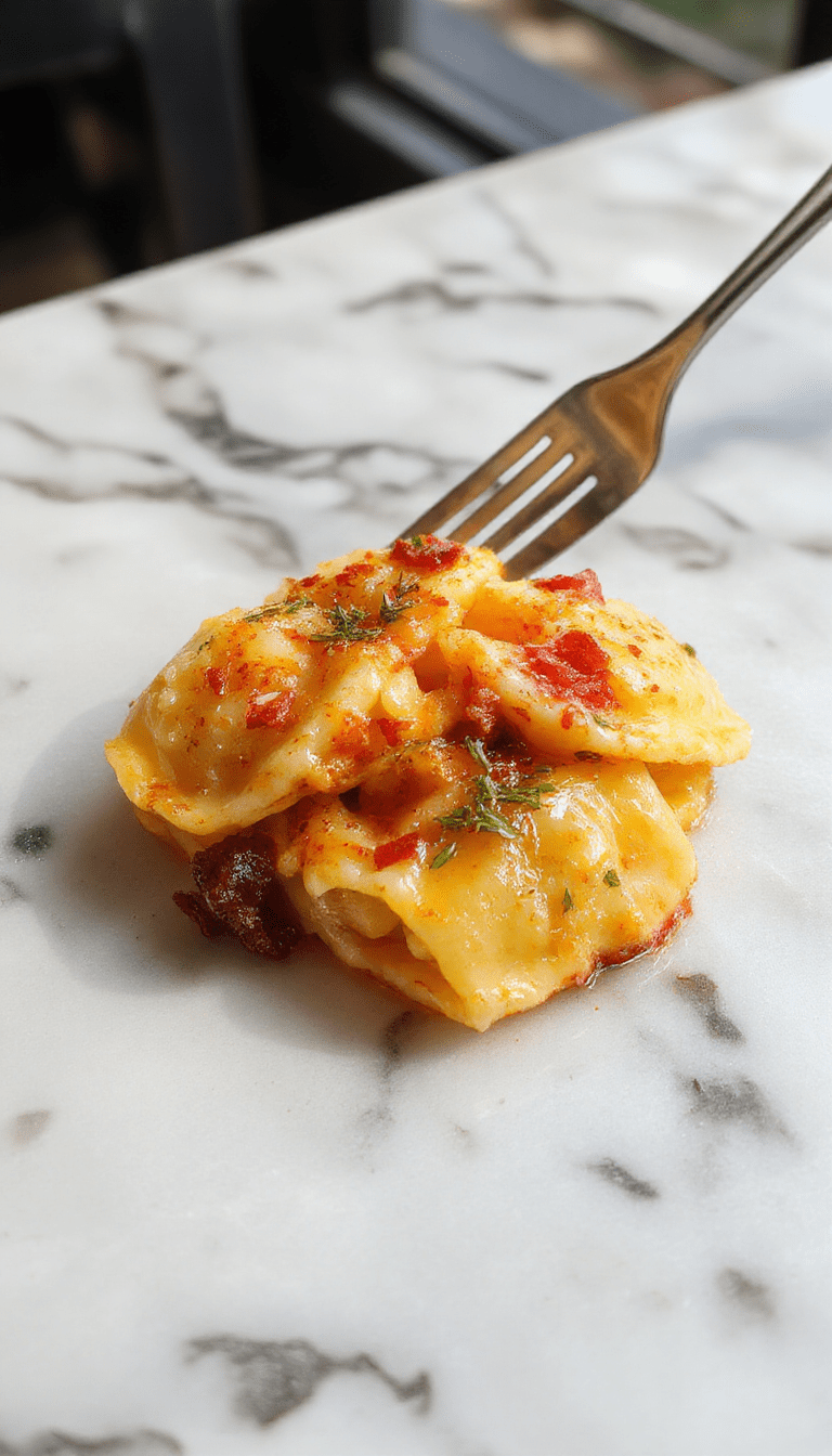 A vibrant plate of marry me tortellini featuring golden pasta stuffed with cheese, garnished with fresh basil leaves and drizzled with creamy sauce, served on a rustic white dish with colorful ingredients in the background.