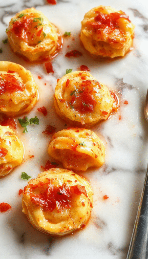 A vibrant plate of golden tortellini pasta coated in a creamy sauce, garnished with fresh basil leaves, served on a sleek white plate with a sprinkle of parmesan, all set on a rustic wooden table with a side of cherry tomatoes and herbs.