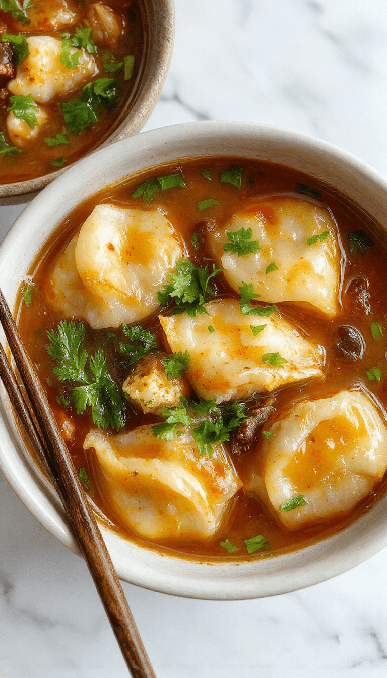 A vibrant bowl of Asian dumpling potsticker soup with golden-brown potstickers floating in a rich, steaming broth. Fresh green scallions, sliced carrots, and hints of cilantro garnish the colorful, inviting dish. The bowl is styled on a rustic wooden surface with a pair of chopsticks resting beside, emphasizing an authentic, comforting Asian cuisine presentation.