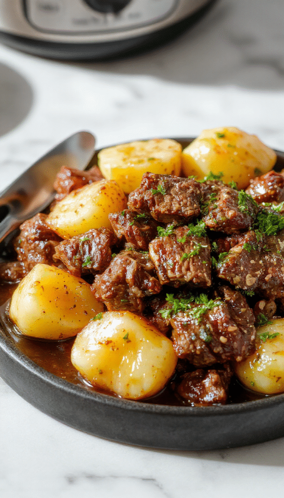 A rustic white plate featuring tender beef bites glazed with garlic butter surrounding crispy roasted potatoes, garnished with fresh herbs. The dish is styled elegantly on a wooden table with a backdrop of fresh garlic, herbs, and a drizzle of garlic butter sauce, highlighting the rich textures and savory flavors.