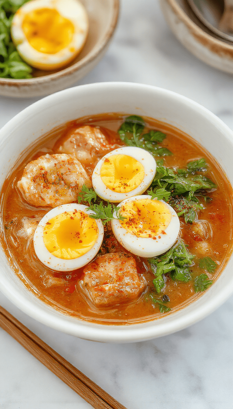 A vibrant ramen bowl featuring tender dumplings, perfectly soft-boiled eggs, topped with fresh greens and herbs, colorful vegetables, served in a white ceramic bowl garnished with sesame seeds and scallions, with a rich broth background.