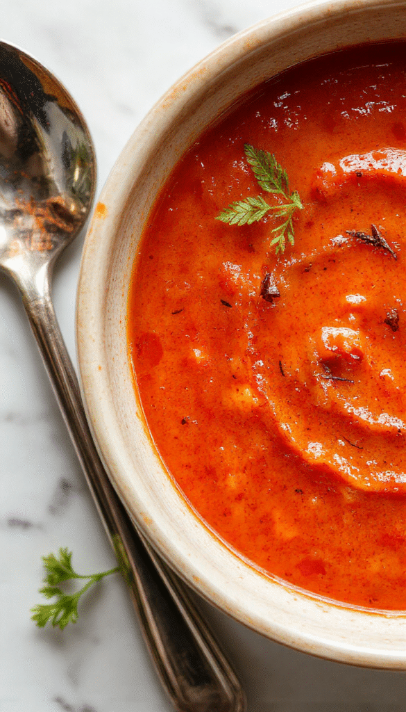A vibrant bowl of roasted tomato soup garnished with fresh basil leaves, served with crusty bread on a rustic wooden table, steam gently rising, showcasing rich red and orange hues and a smooth velvety texture.