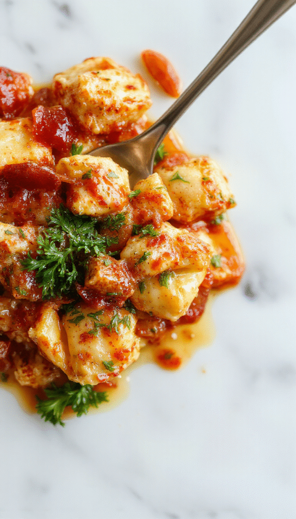 A close-up of a vibrant one-pot dish featuring tender chicken, plump tortellini coated in a glossy spicy garlic butter sauce. The dish is garnished with fresh herbs and red pepper flakes, served in a rustic white bowl on a wooden table, showcasing rich, golden-brown textures and colorful ingredients.