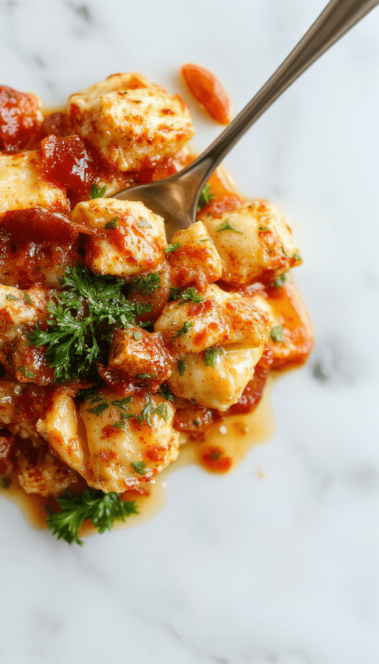 A close-up of a vibrant one-pot dish featuring tender chicken, plump tortellini coated in a glossy spicy garlic butter sauce. The dish is garnished with fresh herbs and red pepper flakes, served in a rustic white bowl on a wooden table, showcasing rich, golden-brown textures and colorful ingredients.