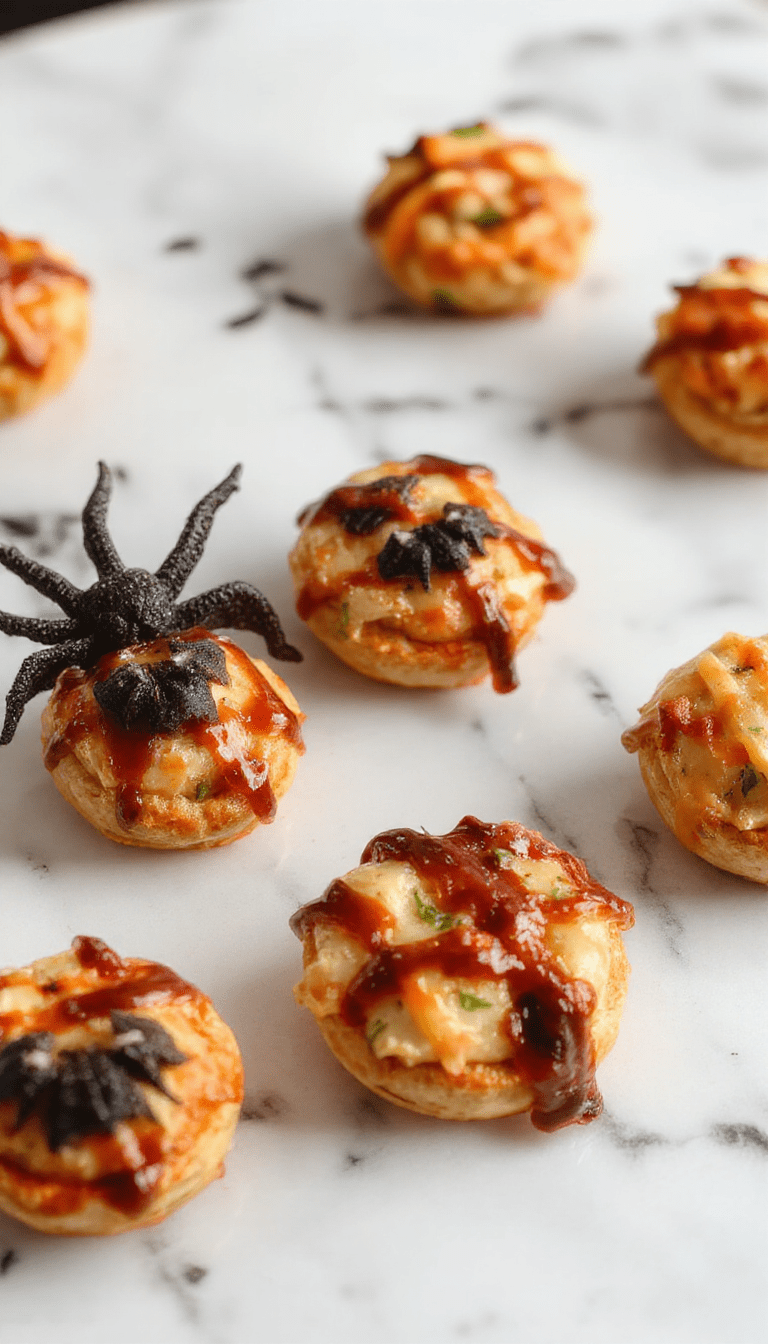 A vibrant platter of Halloween themed appetizers featuring creepy eye ball deviled eggs, mummified sausages, and jack-o'-lantern cheese balls, all decorated with colorful vegetables and edible decorations, set on a dark spooky tablecloth with orange and black accents, exuding a fun and festive Halloween vibe.