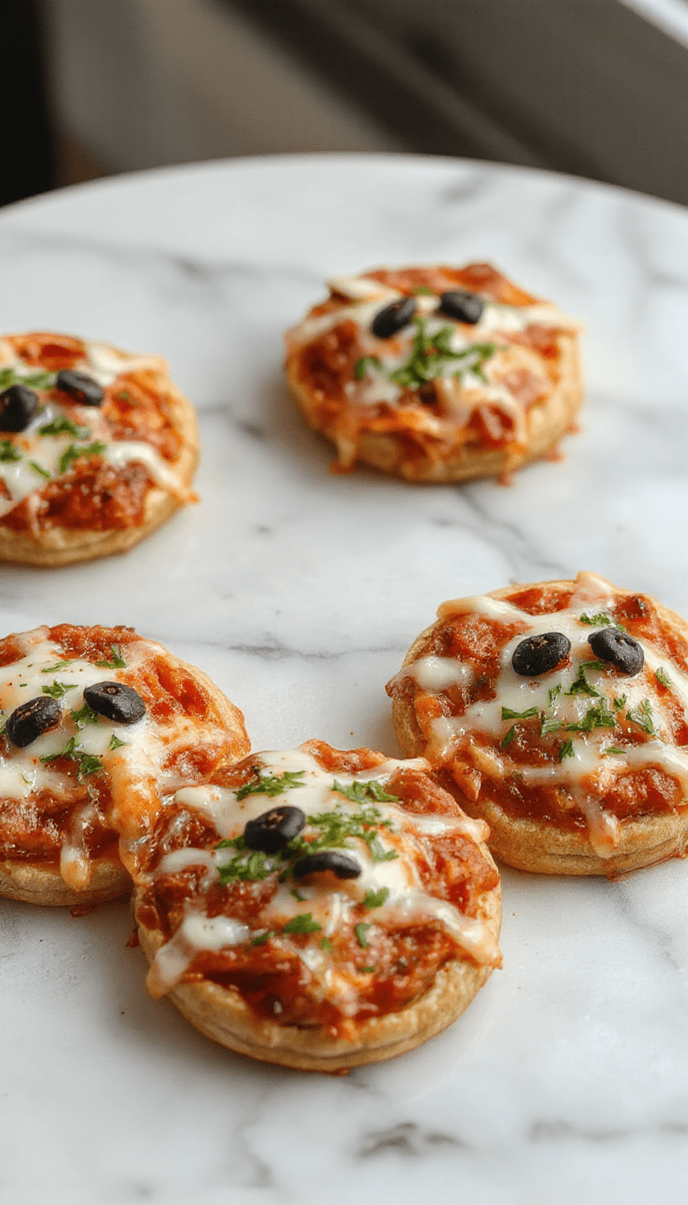 Colorful mini pizzas shaped with spooky Halloween designs on a wooden platter, featuring vibrant toppings like pepperoni, green peppers, black olives, and melted cheese, with a dark background and Halloween-themed decorations