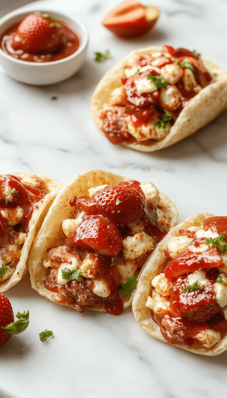 Colorful cheesecake tacos topped with fresh sliced strawberries and crunchy cookie crumbs, neatly arranged on a white plate with a vibrant pink background, highlighting the creamy texture and fruity toppings, garnished with mint leaves for a fresh touch.