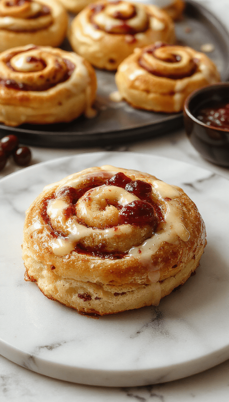 Colorful display of golden-brown swirl buns filled with creamy cheese and vibrant red currant jam, topped with a glossy glaze, arranged on a rustic wooden platter with fresh currants and a dusting of powdered sugar, styled in a cozy bakery setting.