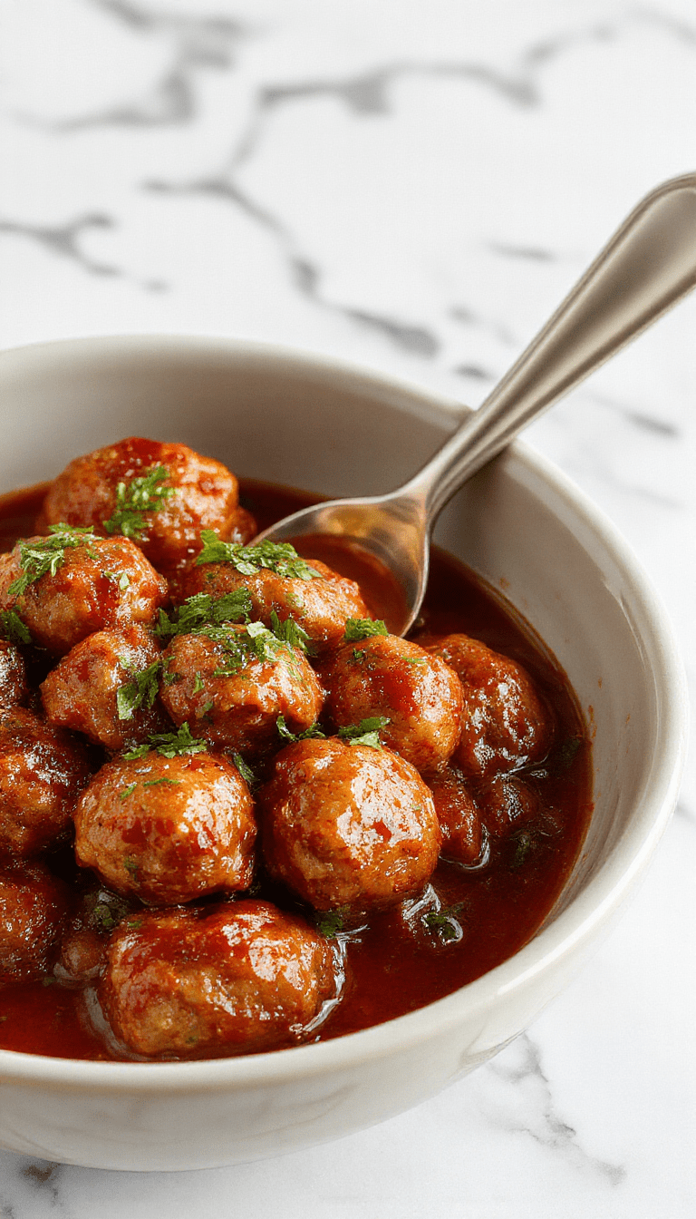 Colorful plate of glossy golden-brown meatballs coated in vibrant red sweet chili sauce, garnished with chopped green onions and sesame seeds, styled on a rustic white plate with a star-shaped garnish on the side, all set on a wooden table with fresh herbs.