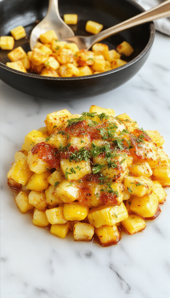 A vibrant skillet filled with golden yellow corn kernels coated in glossy honey butter, garnished with fresh herbs. The corn is steaming hot, with a slightly crispy edge, served in a rustic skillet on a wooden table with a butter knife and sprigs of parsley for garnish.