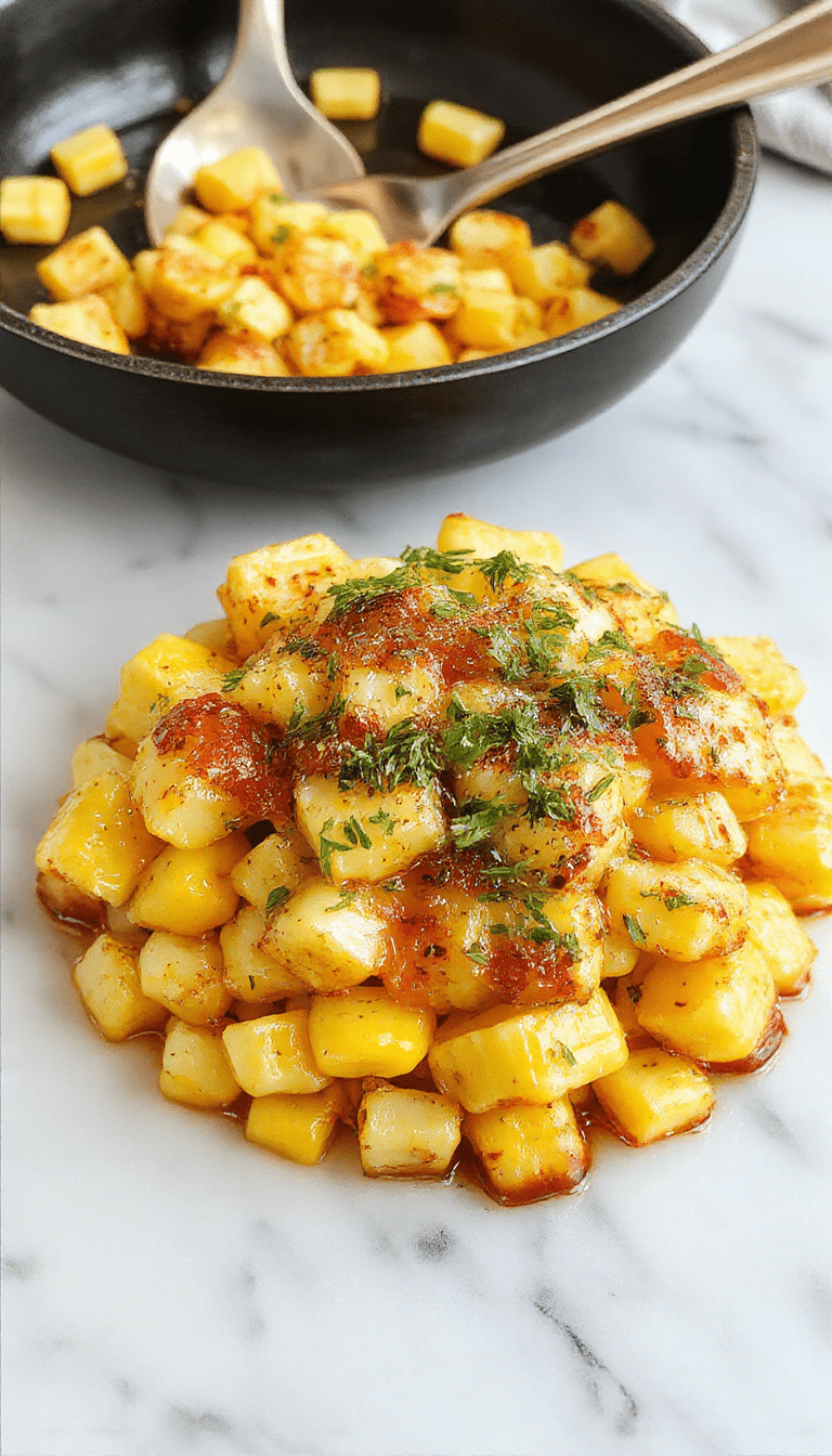 A vibrant skillet filled with golden yellow corn kernels coated in glossy honey butter, garnished with fresh herbs. The corn is steaming hot, with a slightly crispy edge, served in a rustic skillet on a wooden table with a butter knife and sprigs of parsley for garnish.