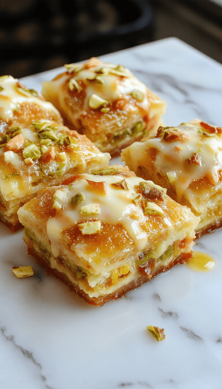 A stunning slice of honey pistachio baklava cheesecake with golden brown top, vibrant green pistachios, glistening honey drizzle, and a crumbly crust, plated on a rustic wooden table with Sophisticated styling highlighting its layered textures and rich colors.