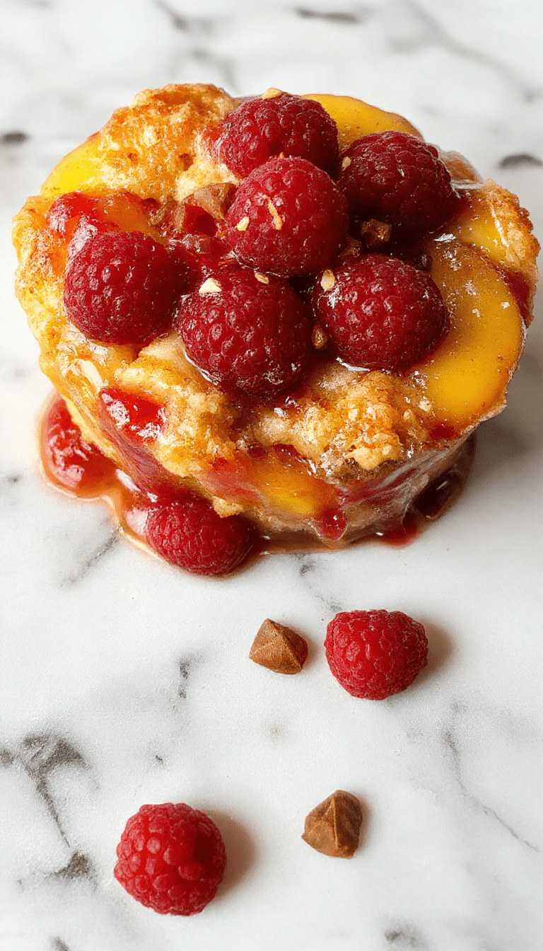 A vibrant dessert featuring a golden-brown cobbler topped with fresh bright red raspberries and ripe, juicy peaches, served in a rustic dish with a scoop of vanilla ice cream melting on top, garnished with mint leaves, with a blurred cozy kitchen background.