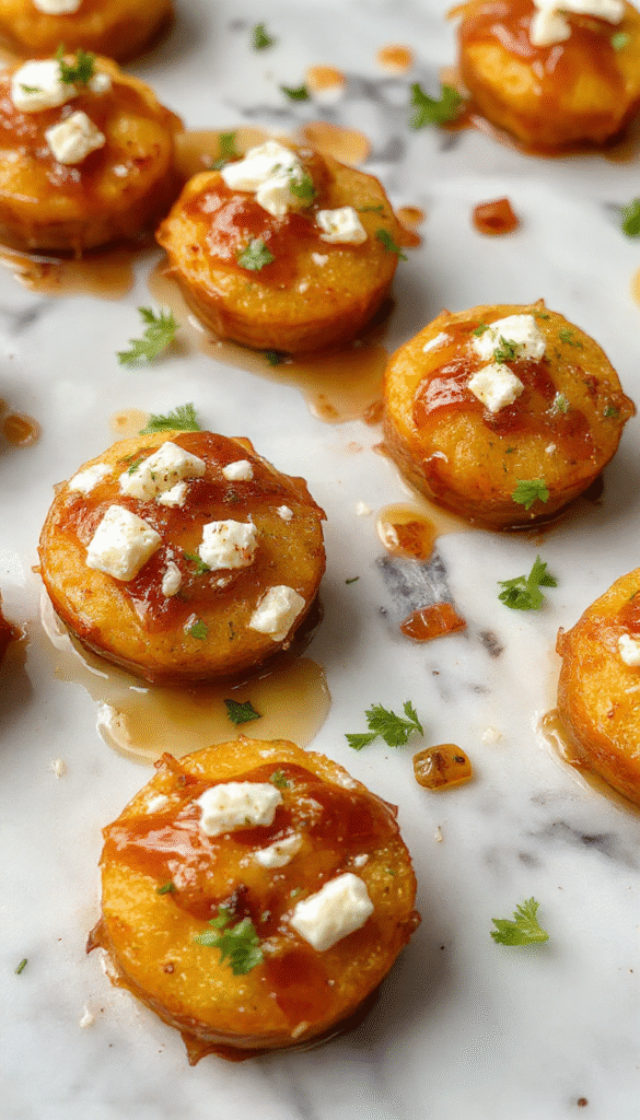 Colorful plate featuring golden roasted sweet potato rounds topped with crumbled white feta cheese and drizzled with honey, garnished with fresh herbs, set on a rustic wooden background.