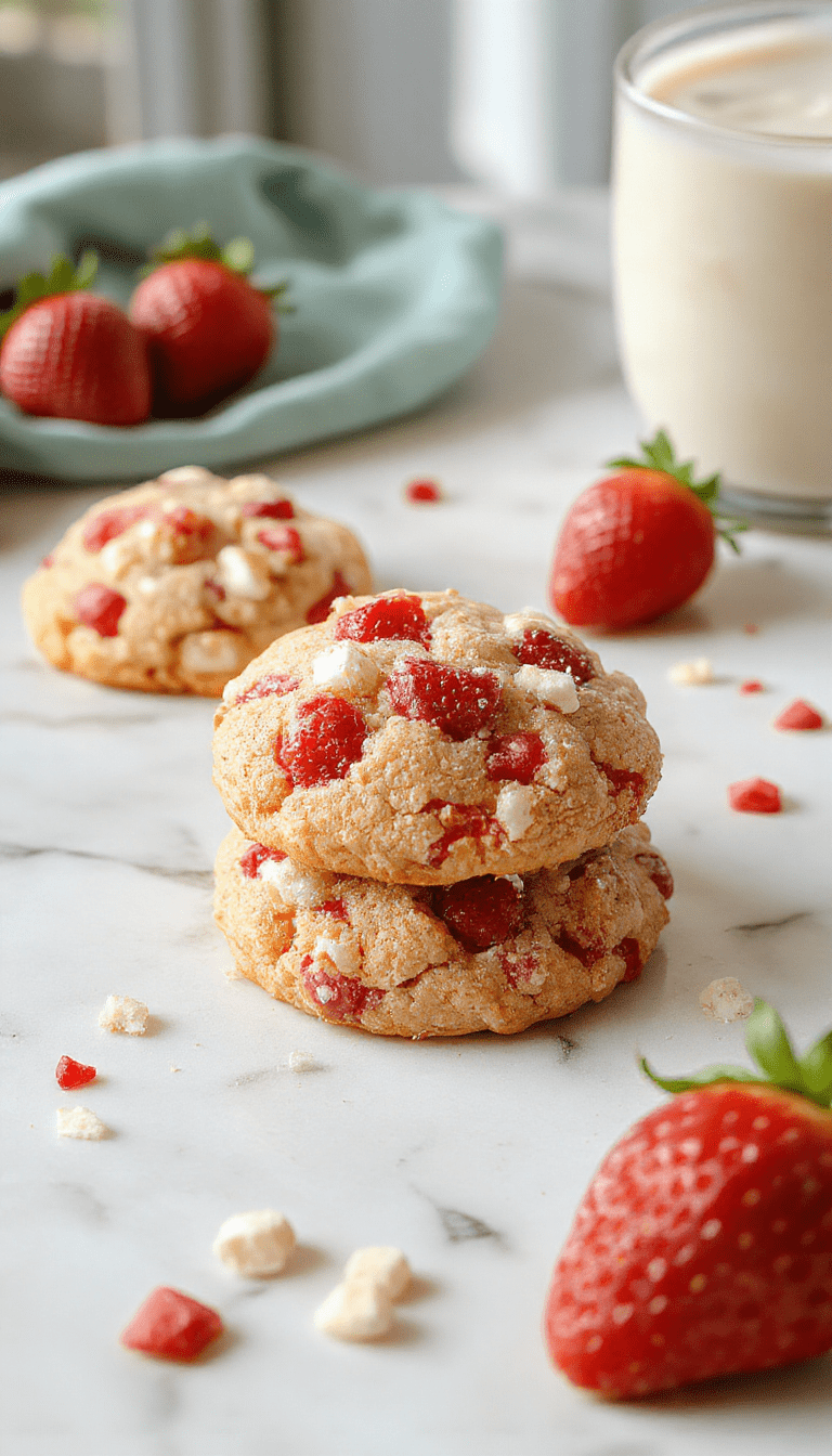Colorful plate of strawberry crunch cookies with vibrant red strawberries and golden crunchy topping, arranged neatly on a white ceramic dish with a rustic wooden table background, styled with fresh strawberries and a sprig of mint for an appealing presentation.