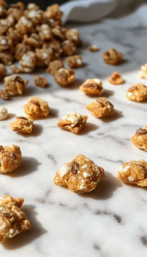 A colorful bowl of golden brown Chex Mix coated with glossy caramel and drizzled with rich chocolate, topped with crushed toffee pieces, served on a rustic wooden table with scattered toffee bits and a sprinkle of sea salt, evoking a tempting sweet and salty snack appeal.