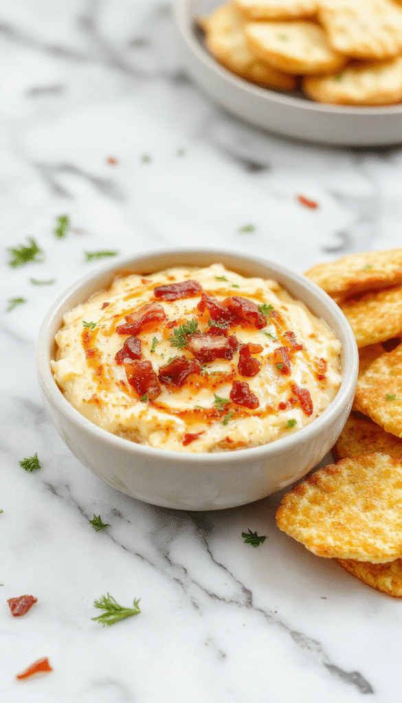 A close-up image of a creamy cheese dip topped with crispy bacon pieces and drizzled with maple syrup, served in a rustic bowl with fresh herbs on a wooden platter, showcasing a rich, golden-brown crust and melted cheese texture.