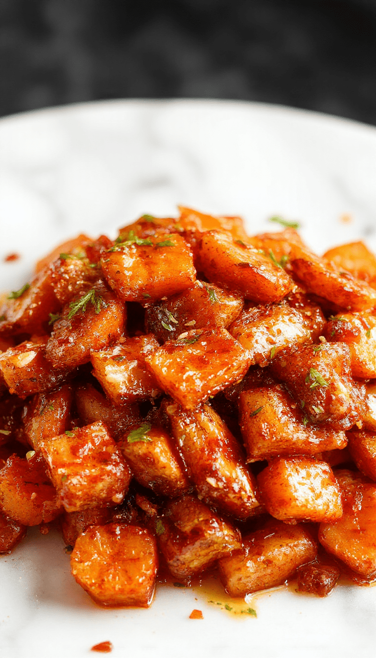 Colorful glazed carrots arranged on a rustic white plate, glossy and caramelized with a hint of orange and brown hues, garnished with fresh herbs, styled with a spoon and rustic table setting