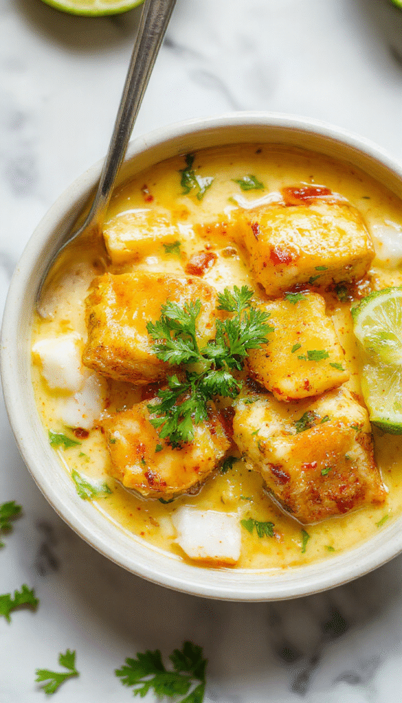 Colorful plate of shredded chicken coated in a vibrant coconut and lime sauce, garnished with fresh lime wedges, chopped cilantro, and shredded coconut, served on a white ceramic plate with a backdrop of sliced lime and coconut shavings, styled for a summery tropical vibe.
