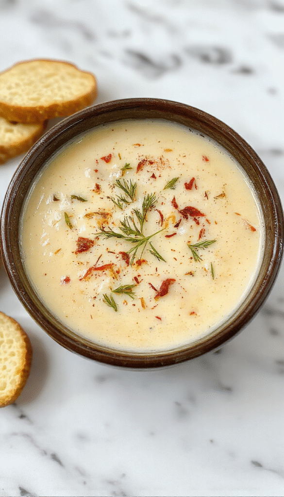 A bowl of rich, creamy Tuscan Parmesan Soup garnished with fresh herbs and grated cheese, served in a rustic white bowl on a wooden table with crusty bread on the side, showcasing smooth texture and vibrant green garnish.