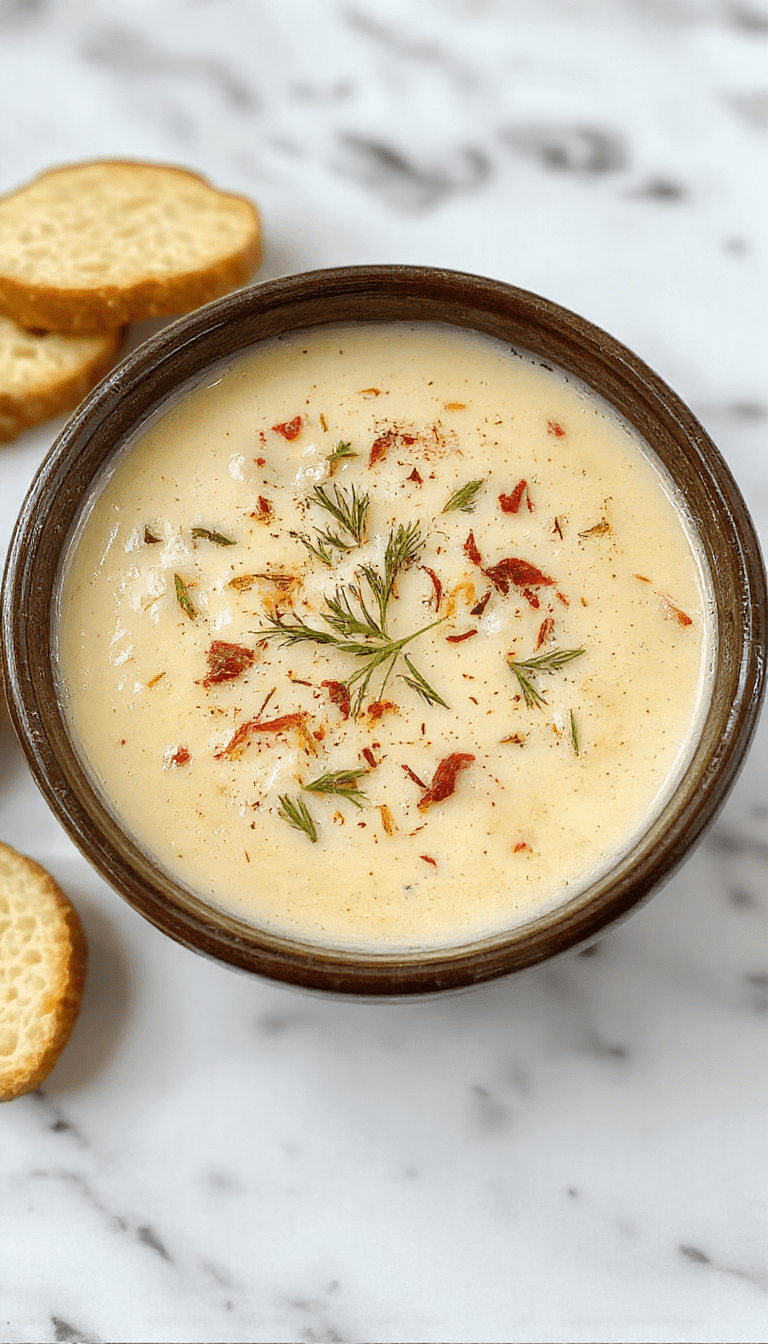 A bowl of rich, creamy Tuscan Parmesan Soup garnished with fresh herbs and grated cheese, served in a rustic white bowl on a wooden table with crusty bread on the side, showcasing smooth texture and vibrant green garnish.
